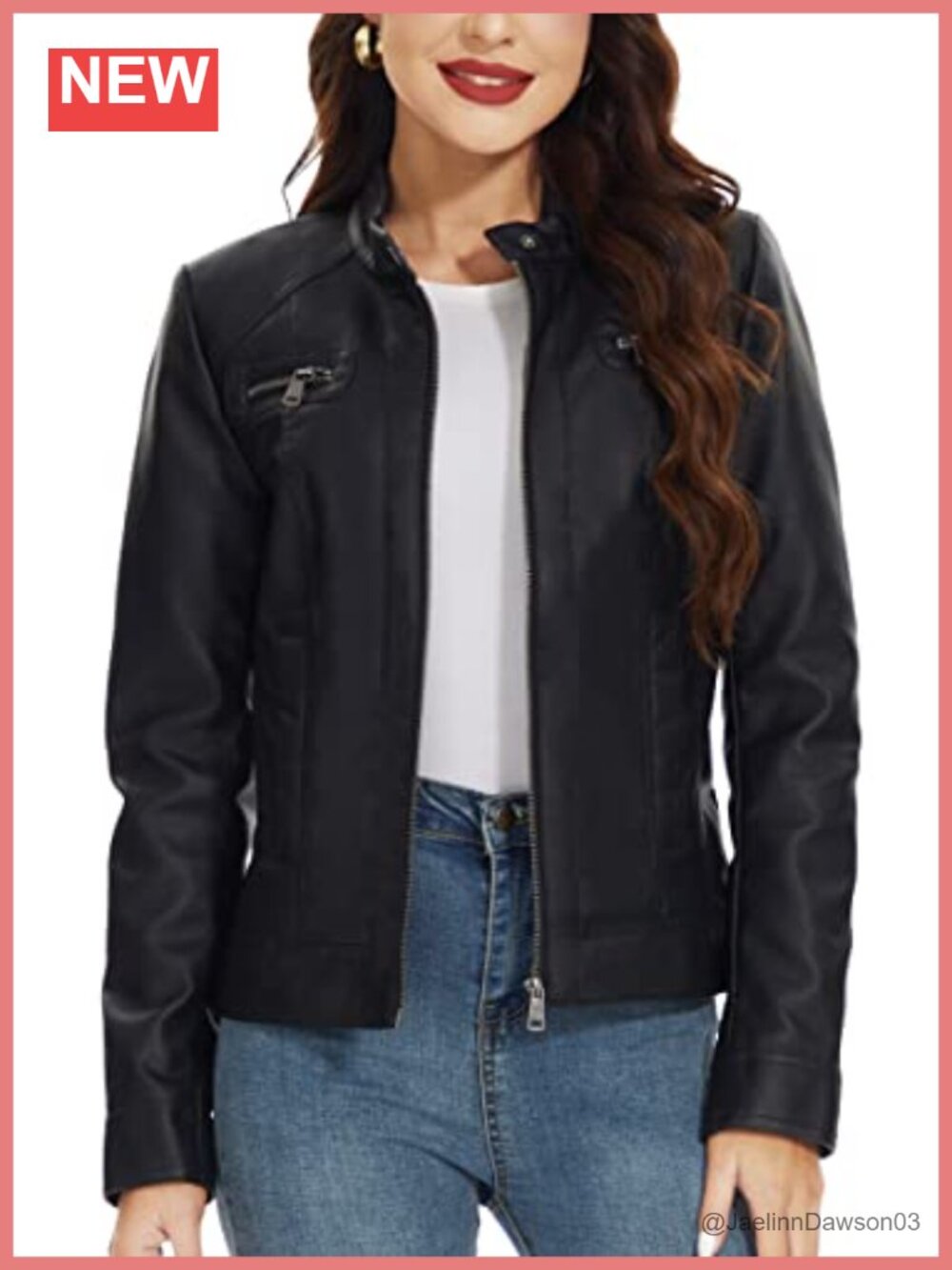 Fahsyee Women's Faux Leather Jacket Stand Collar Zip Up Moto Biker Fitted Slim